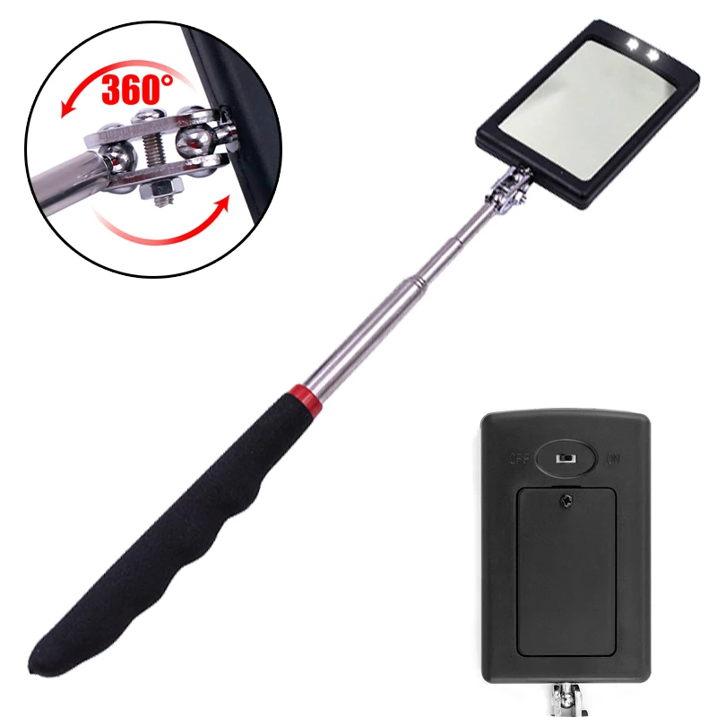 Portable 2LED Light Telescoping Flexible Head Inspection Mirror 360 Degree Engine Chassis Inspection Auto Repair Detector Mirror