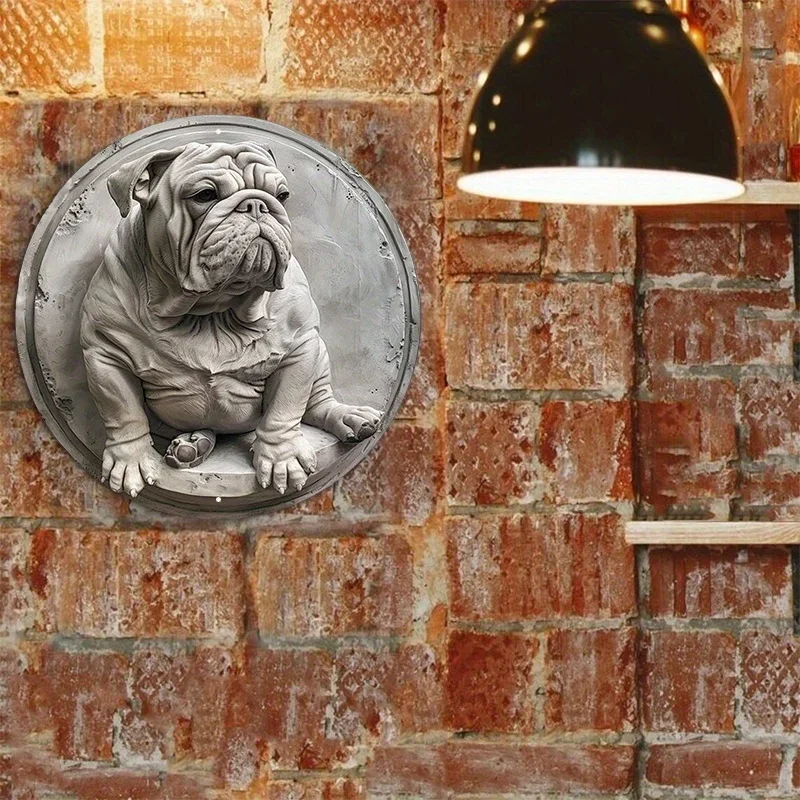 Metal Sign Statue Of English Bulldog Round Aluminum Door Hanger Wall  Wreath Metal decoración bar  vintage home decor