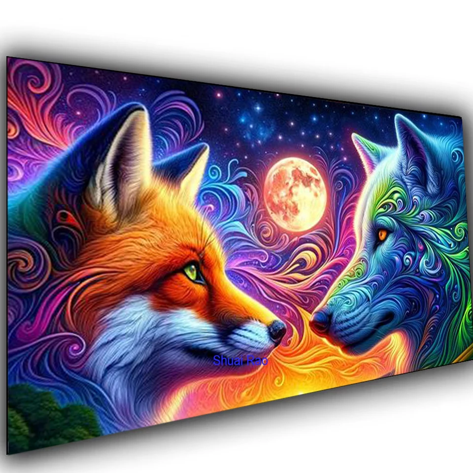 Vibrant Fox and Wolf at Sunset diy Diamond Painting Kits Mosaic Embroidery large  Psychedelic Animal Surreal Fantasy Wall Art