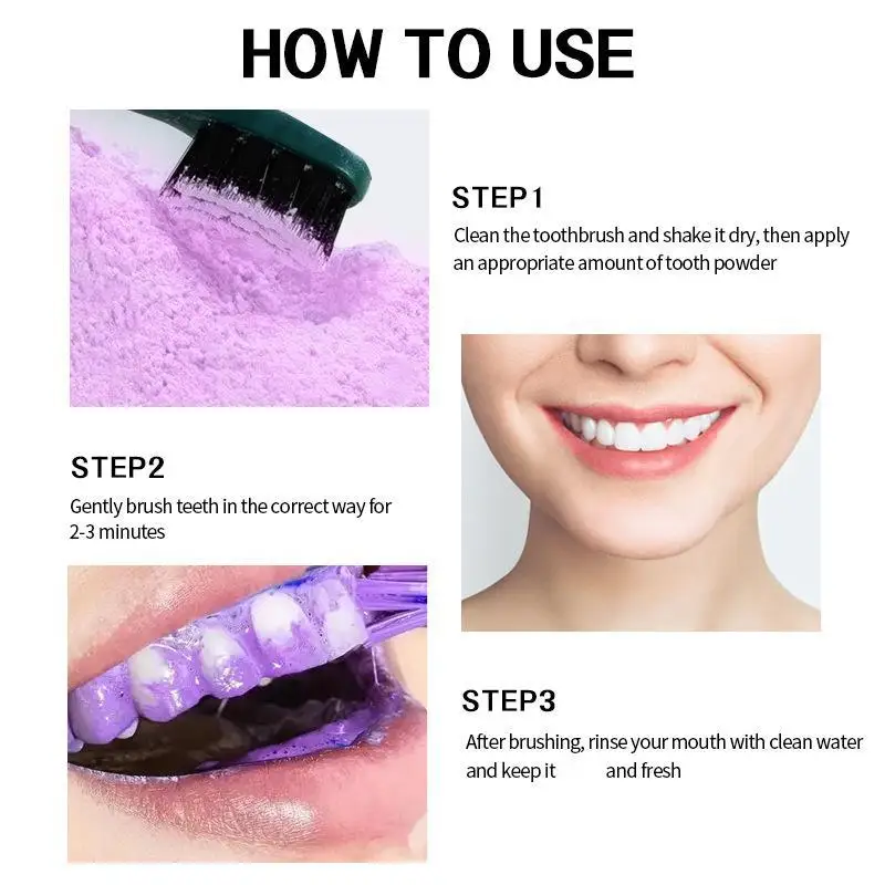 80 جرام استعادة الأسنان مسحوق معدني تبييض إزالة البقع البلاك تقوية الأسنان تحسين رائحة الفم الأرجواني الأسنان سطع