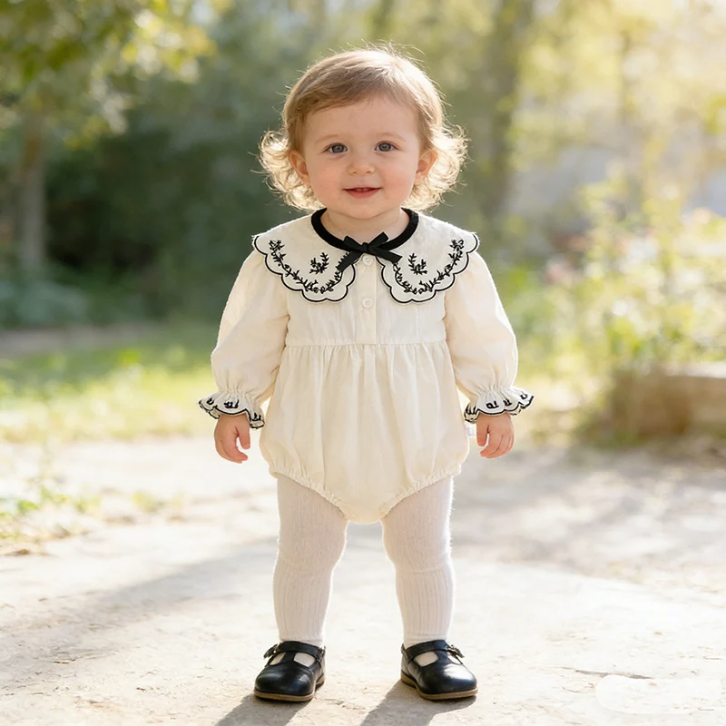 

2026 New Spring Newborn Baby Girls Bodysuits Long Sleeved Cotton Embroidery Infant Baby Girls Jumpsuit 0-24M Baby Girl Clothing