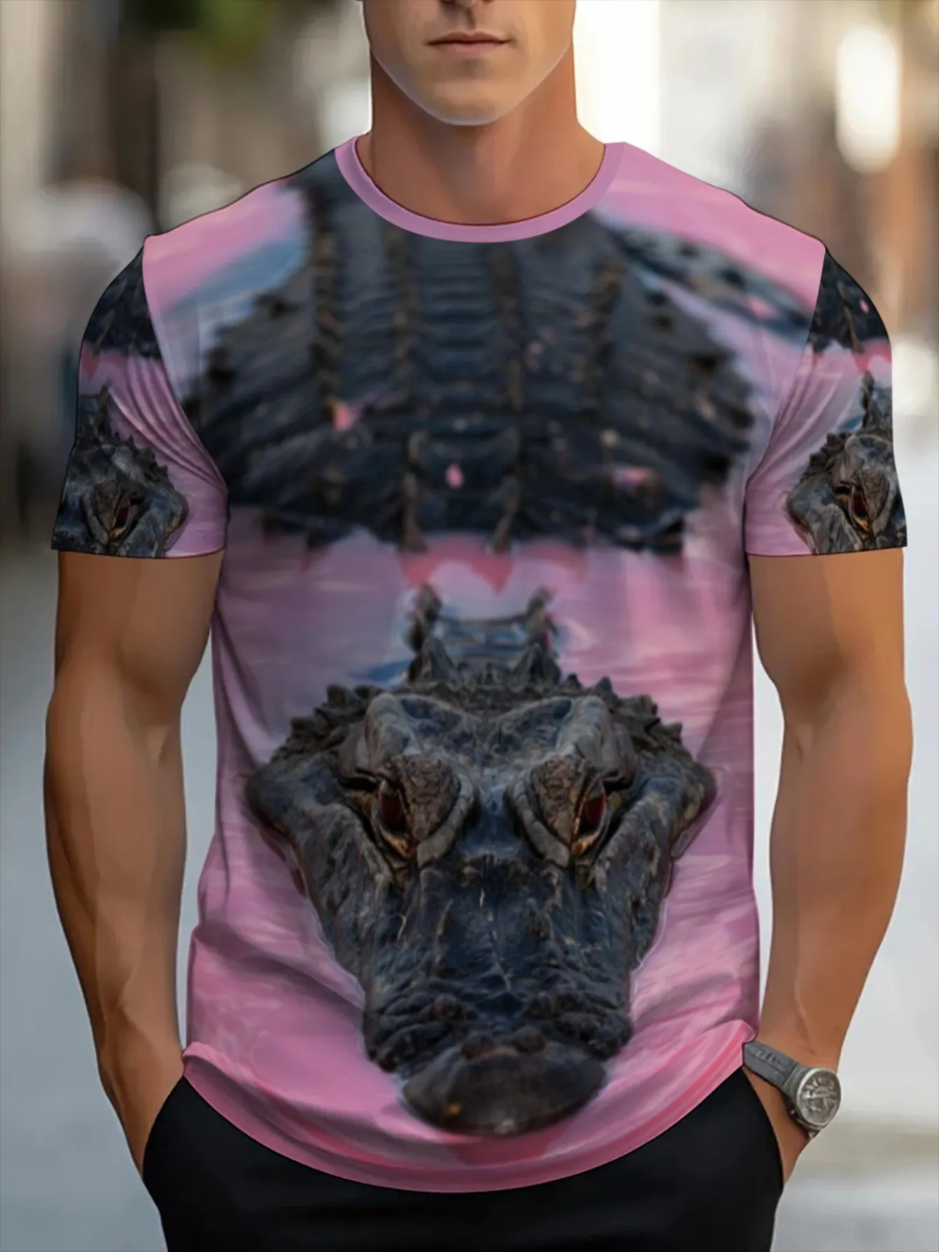Men Pink Background 3D Crocodile Print Crew Neck Short Sleeve Tee