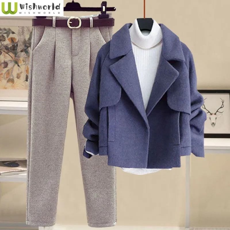 Autumn and Winter Woolen Cardigan Jacket+half High Collar Thickened Bottom Sweater+slim Fitting Woolen Pants Three Piece Set