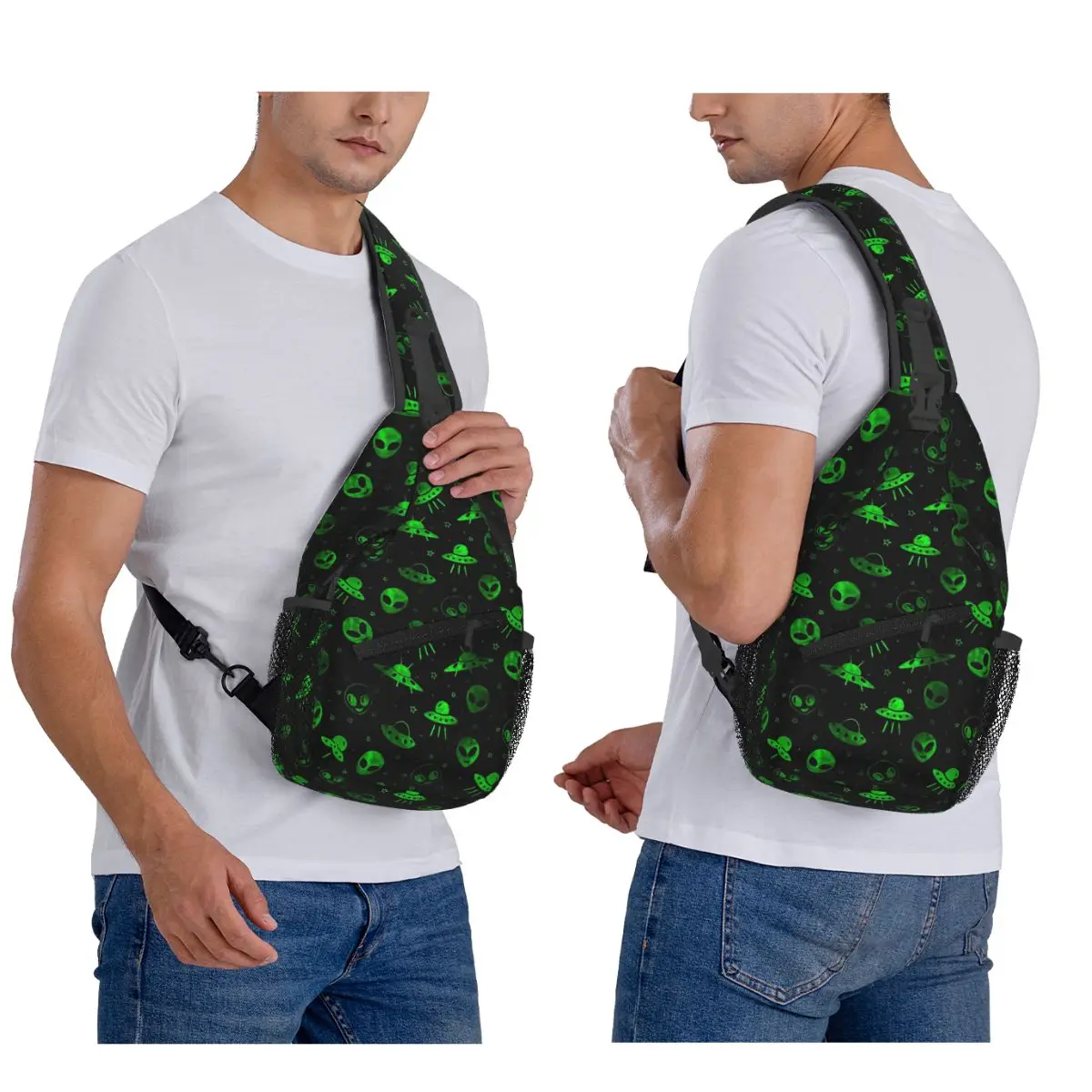 Aliens And UFOs Pattern Chest Bag Men Sling Crossbody Backpack Chest Bag Traveling Hiking Daypack Shoulder Bag