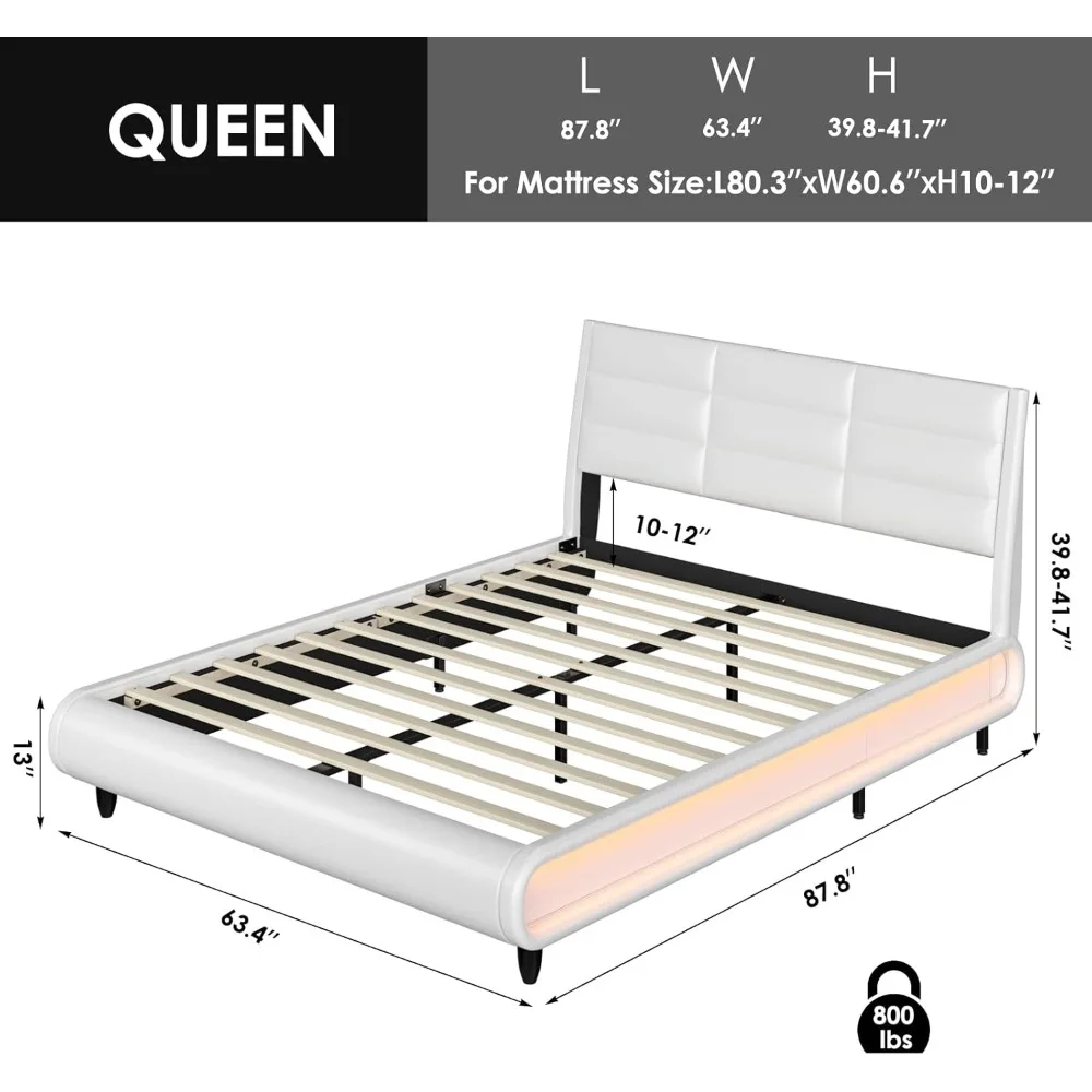 Beds, Upholstered Bed Frame, Smart LED, PU Low Profile Sleigh Platform Bed, Modern Mattress, Lights Sync with Music,Beds