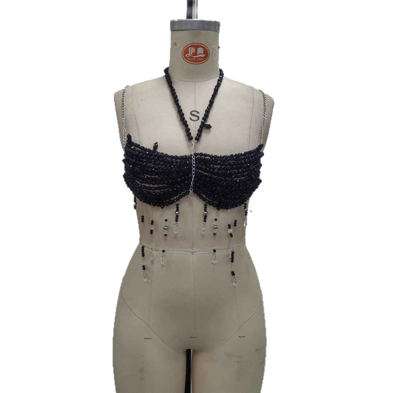 European Sexy Bra Chain Black Crystal Beading Vest Backless Camis Tops Girls Summer Night Clubwear Dance Show Body Chain Tops