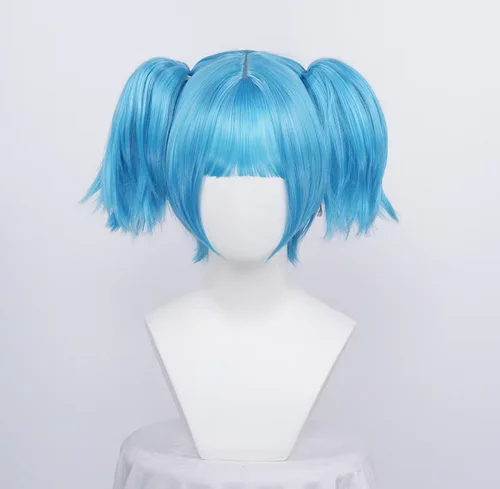 Sally Face Sallyface Sally Cosplay Wig Short Blue Heat Resistant Synthetic Hair Clip Ponytails Wigs + Wig Cap