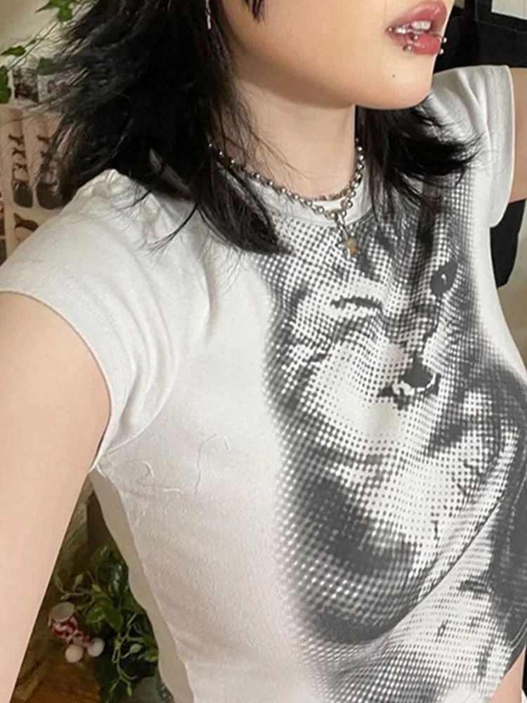 المرأة Harajuku الحيوان طباعة المحاصيل الأعلى الأساسية الأبيض قصيرة الأكمام Crewneck سليم المناسب تي شيرت عادية Y2K خمر سيدة تيز #5