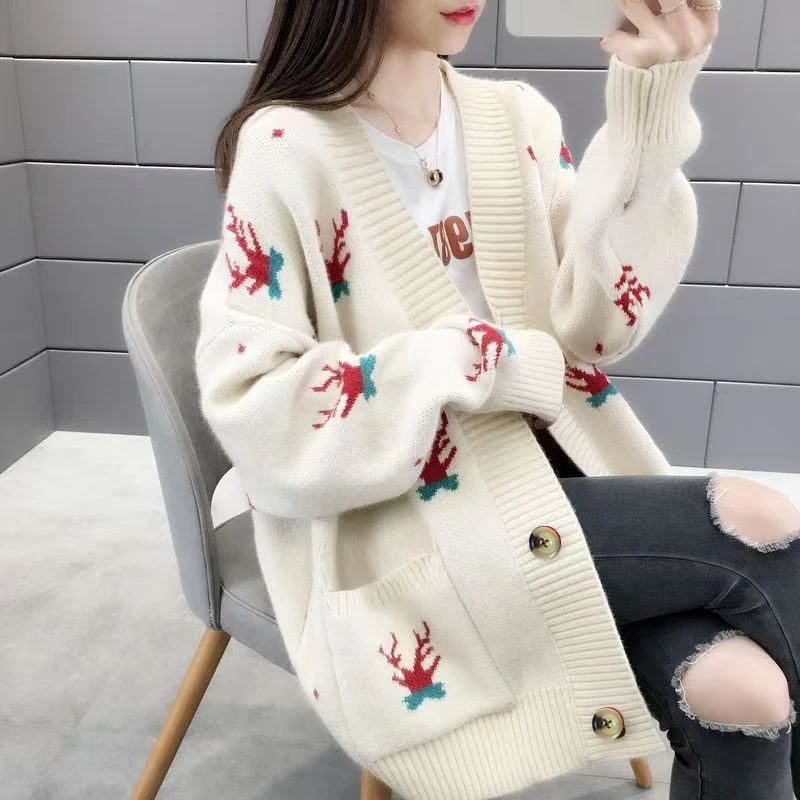 Christmas Deer Knitted Coat Femal Loose Cardigan For Women Long Sleeve Top New Casual Chic Office Lady\'s Sweater Single Breasted