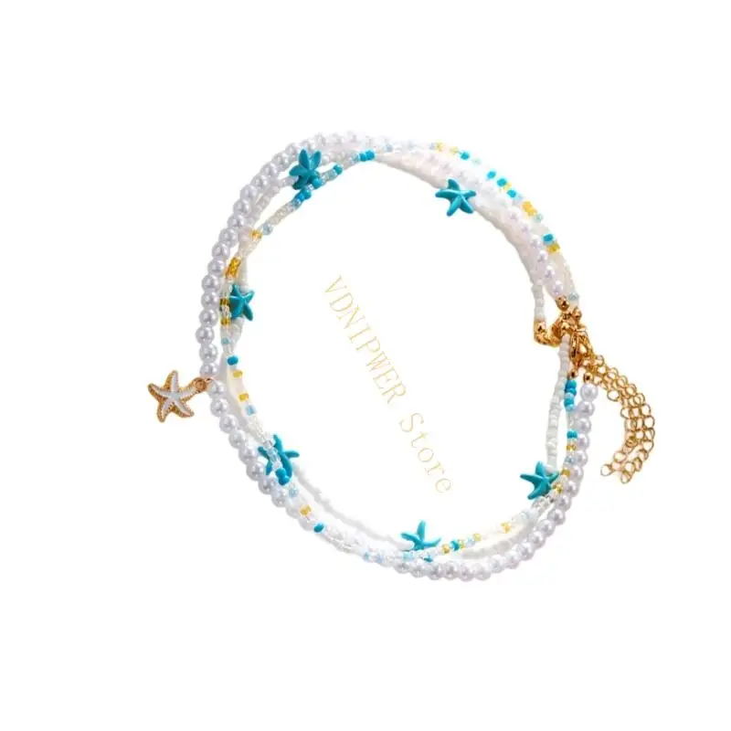 قلادة من الخرز مع السلاحف البحرية المصنوعة يدويًا شل نجمات نجمات قلادة ترقاء سلسلة مجوهرات متعددة الطبقات لقضاء العطلة D08E