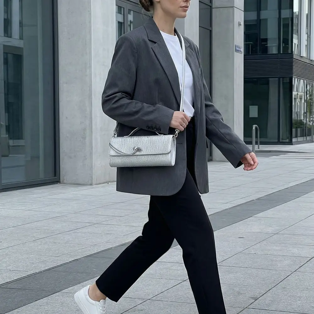 

Durable Large Capacity Women's Handbag Adjustable Strap Metal Buckle Square Crossbody Bag PU Silver Casual Shoulder Bag European