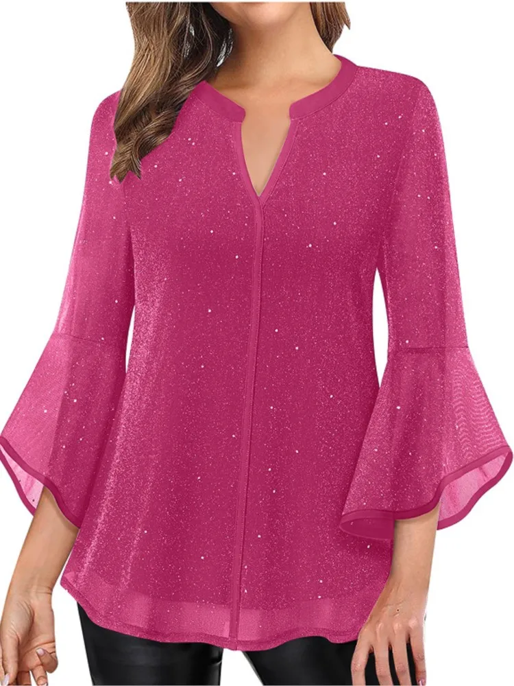 

Simple Style Blusas Three Quarter Sleeves Top T Shirt Tees Solid Color V-link All-match Women's Clothing Casual Women's Clothing