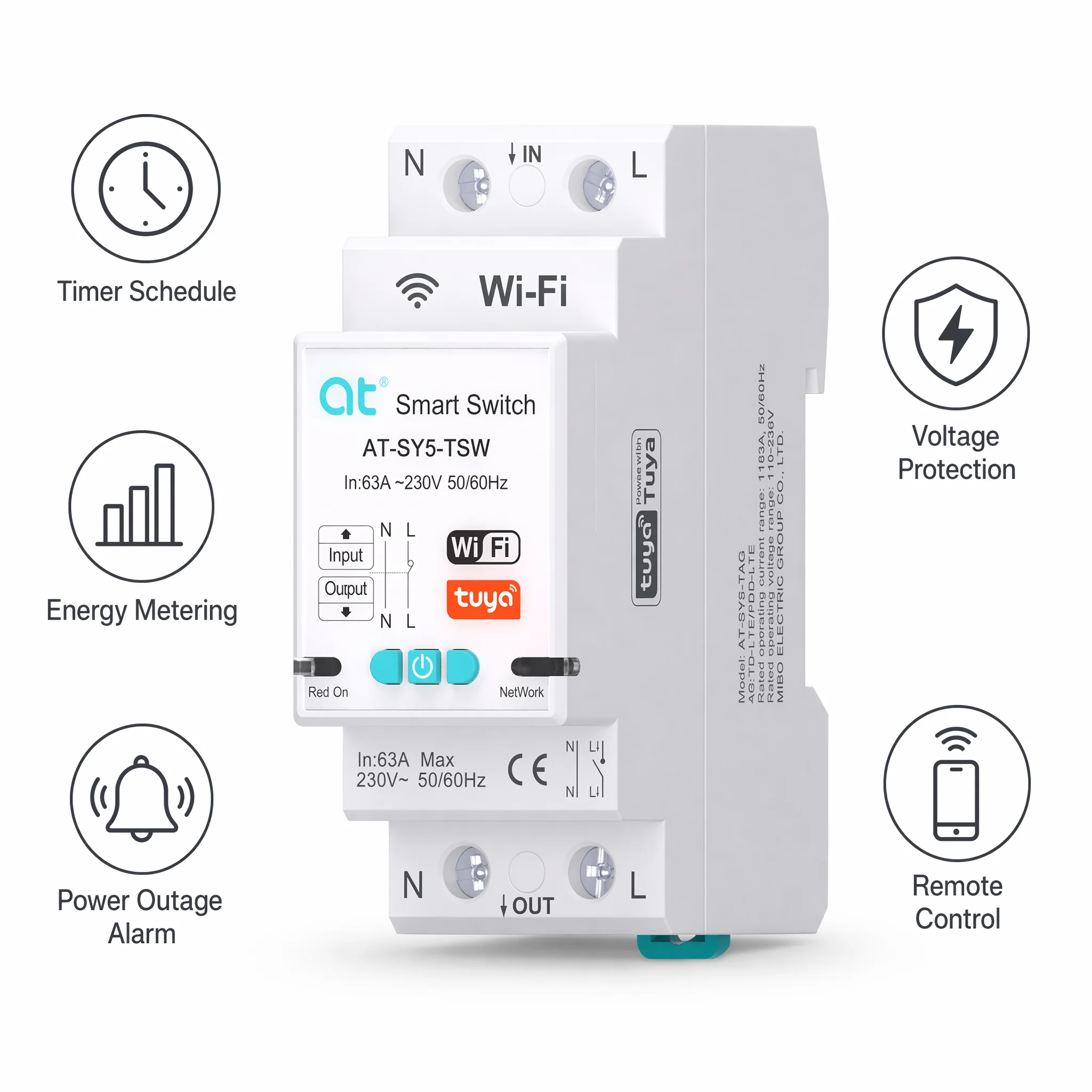 Tuya WiFi Circuit Breaker 2P 63A Electric Quantity Statistics Rail Installation, Remote Control of Smart Home by Smart Life APP