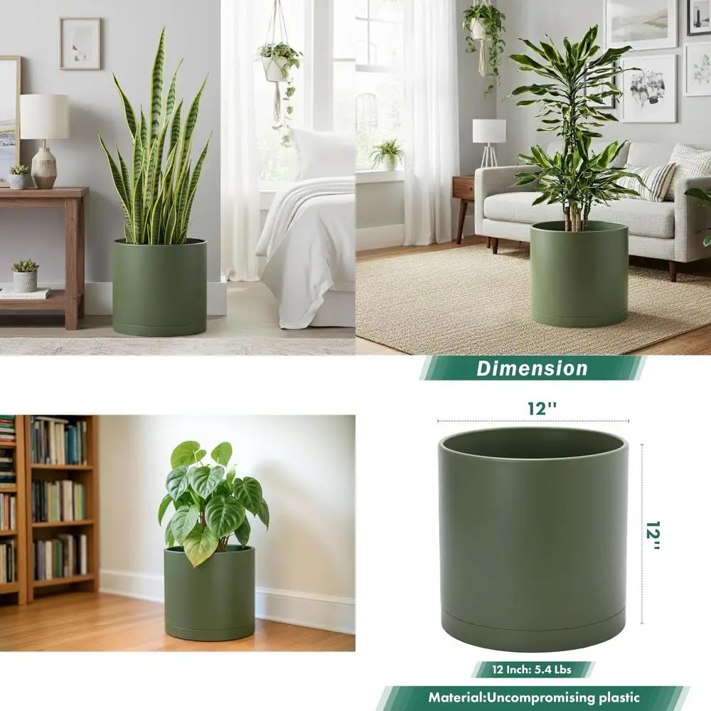 

12 Inch Plastic Plant Pots with Drainage Holes and Saucer, Olive