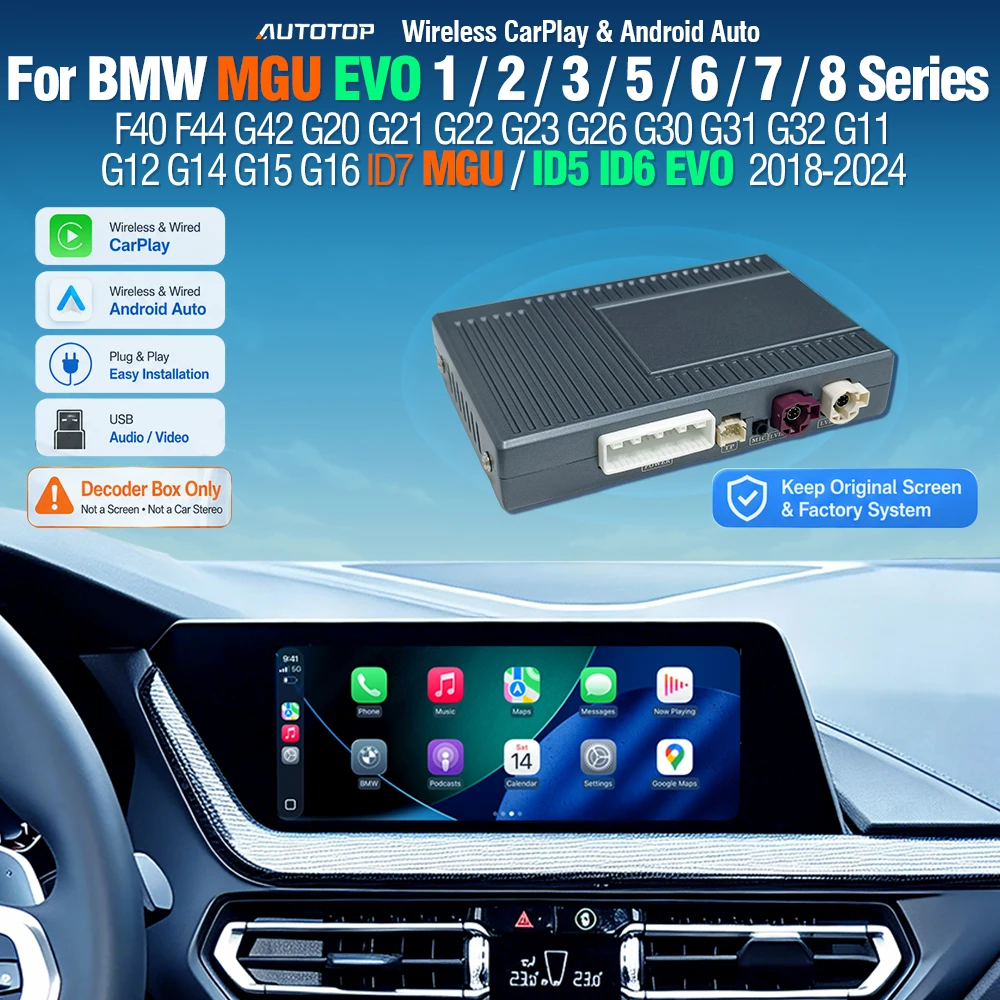 Décodeur sans fil CarPlay Android Auto AUTOTOP pour BMW EVO ID5 ID6 / MGU ID7 iDrive 7 1 2 3 4 5 Series X3 X4 X5 X6 X7 F40 F44 G42 G20 G21 G22 G23 G30 G01 G02 G05 G06 G07 Interface de rétrofit pour écran d'origine AirPlay Bluetooth USB Plug and Play Module automobile