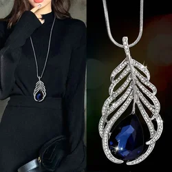 Peacock Feather Pendant Necklace Silver Color Long Chain Rhinestone Crystal Jewelry Necklaces for Women Gift Chunky Necklace
