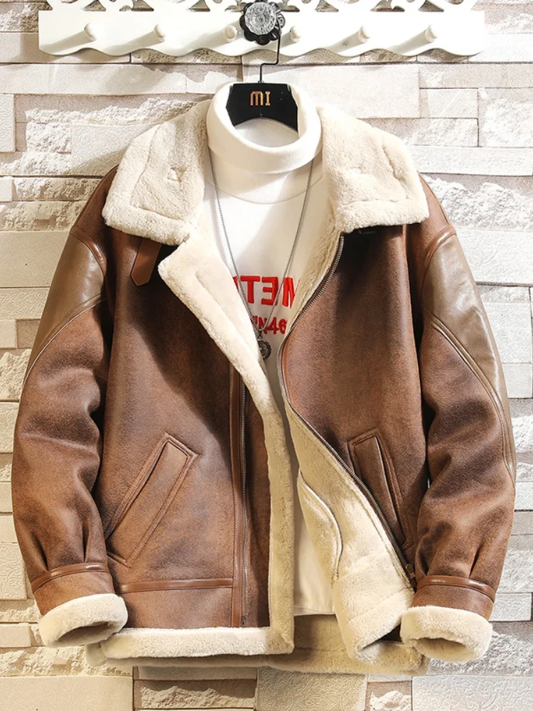

Men's Winter Thiened Fce Lined Lamb Fur Cotton Jaet Leather And Fur Inteated Youth Faion Long Sve Zipper Closure