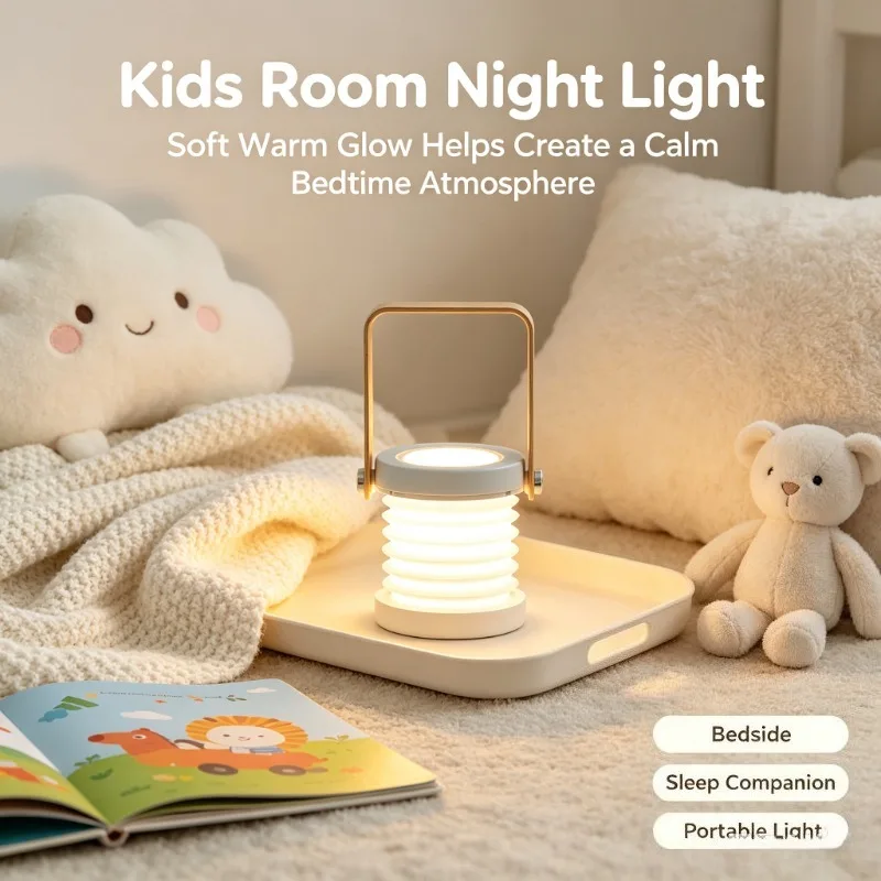 Portable Folding Night Lamp, Creative Wooden Handle LED Lantern, Telescopic Table Light USB Charging Reading Lamp for Home Decor