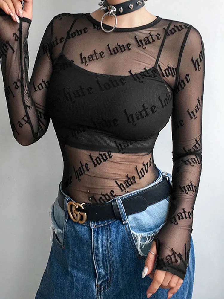 Sexy Women Mesh T-Shirts See-Through Perspective Tshirt Letter Printed O Neck Transparent Long Sleeve T Shirt Tops Women