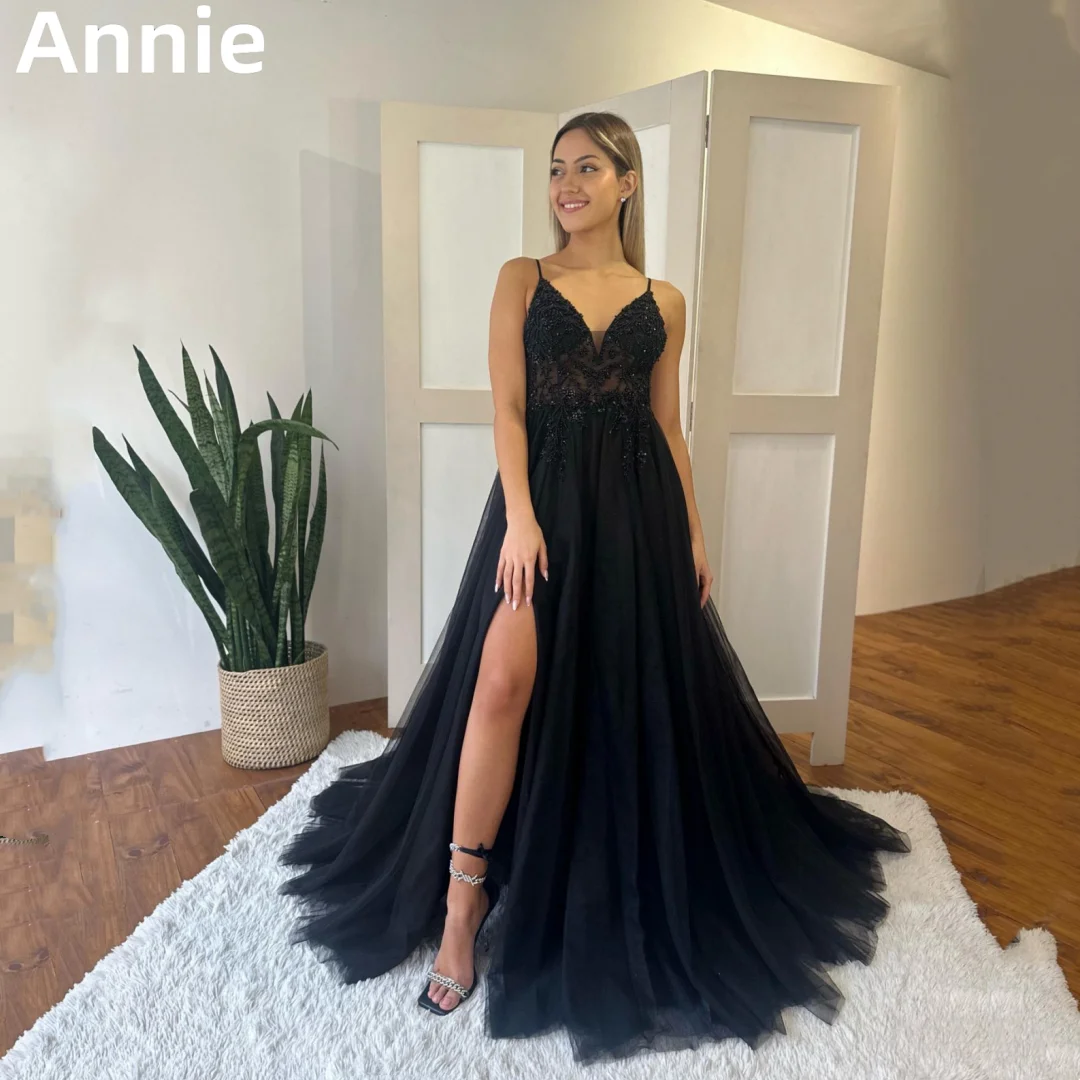 Annie-Vestidos De graduación con cuentas a mano, vestido De Noche De tul negro, línea A, tirantes finos, dama De honor, vestido De fiesta Formal