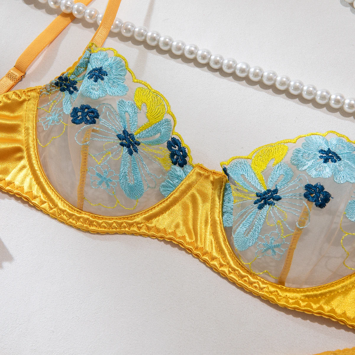 Yellow Multi-color Embroidery Sexy See Through Mesh Two Piece Lingerie Set Perspective Lingerie Lace Bra G-String Underwear