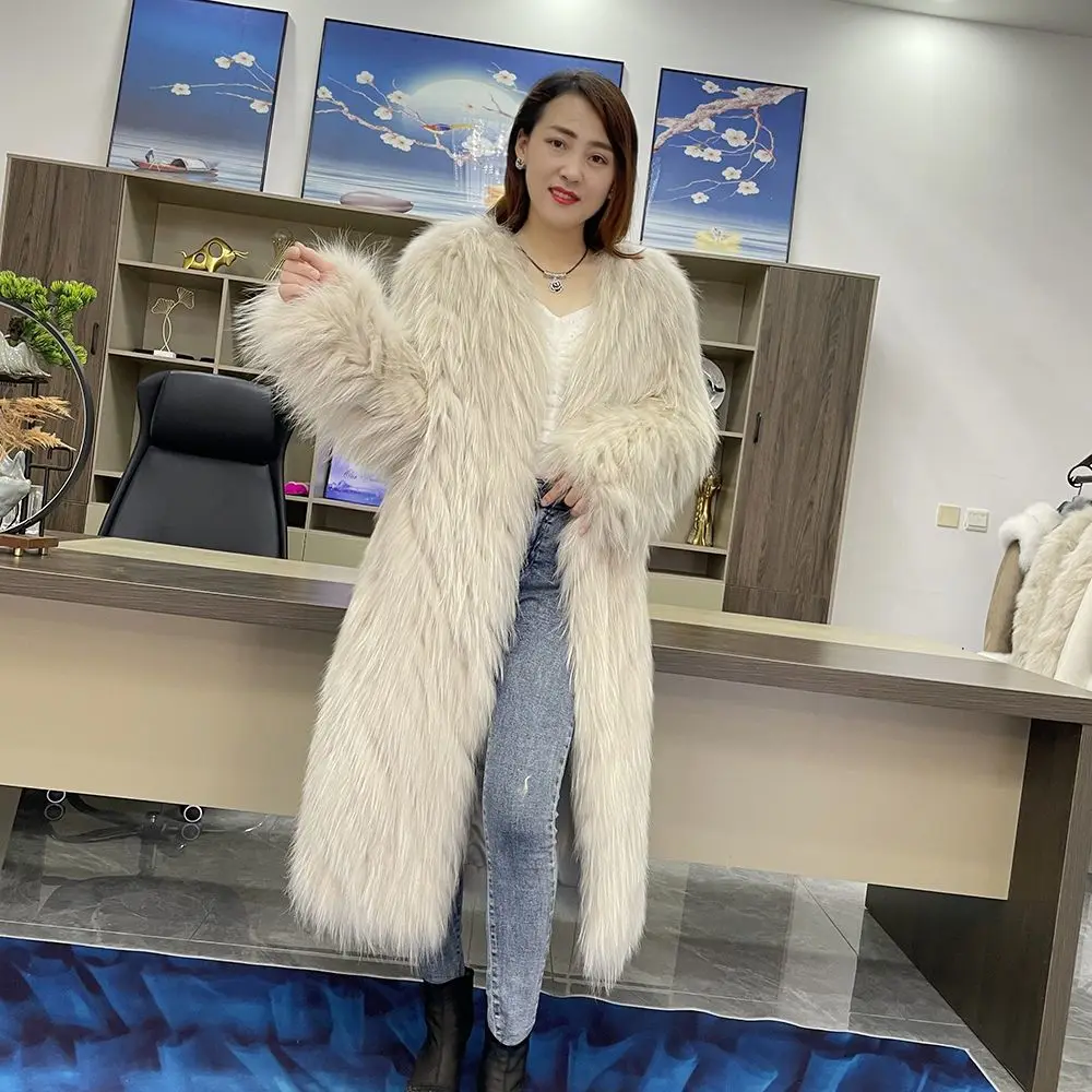 

Hot Sales 2023 New Autumn Winter Imported Raccoon Dog Woven Fur Jacket High-End Women's Long Car Strips Fur Fashion Coat