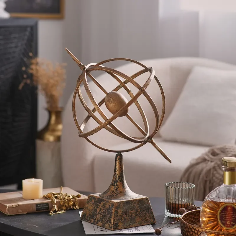 Vintage Metal Globe Sculpture Retro Desktop Ornament for Living Room Home Decor Unique Handicraft Jewelry Display Stand Art