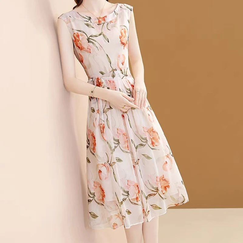 EVNISI Summer Women Pink Floral Printing Chiffon Dress O-Neck Sleeveless Office A-Line Dresses Lace Up Elegant Slim Vestidos