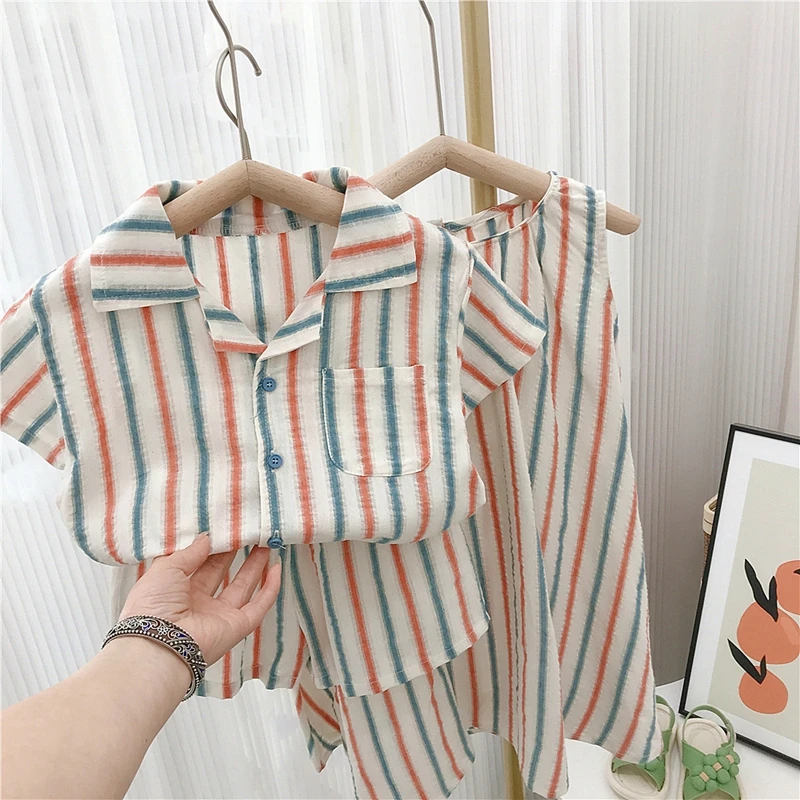 Children Boys Striped Thin Cardigan Top Cotton Shorts Sets Girls Brief Soft Breathable Vest Dress Baby Kids Loose Dresses Suit