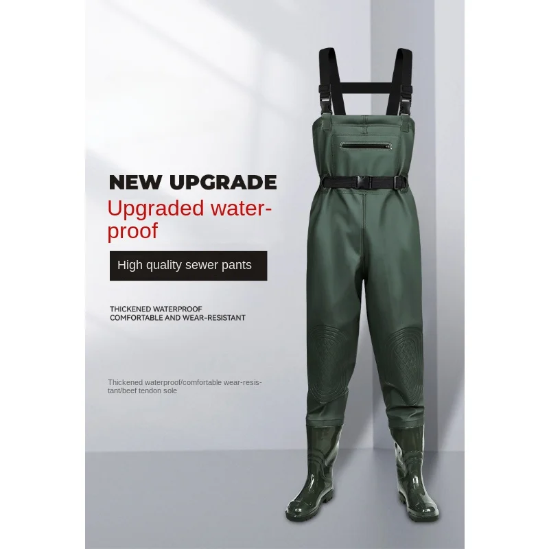 Durable PVC Fishing Pants Waterproof Leather Straps Half-body Protection Wading Suit Jumpsuit with Shoes