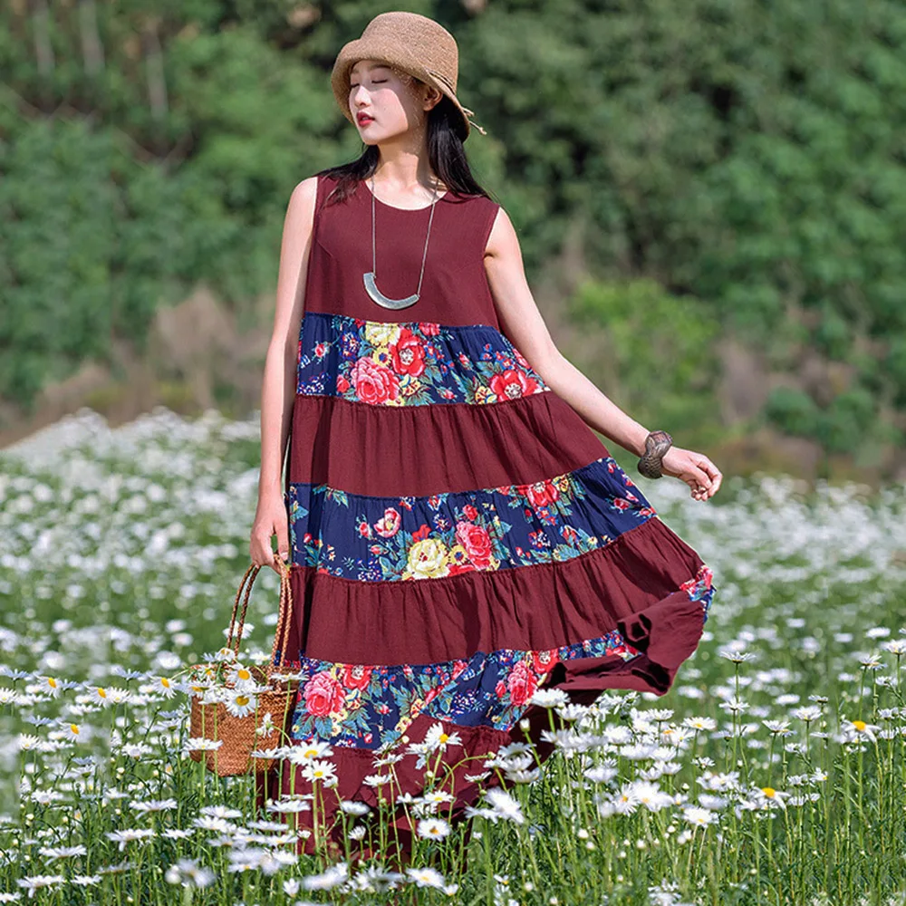 

Ethnic Style Leisure Cotton Linen Sleeveless Dresses Womens Summer Floral Patchwork Bohemian Loose Large-Swing Maxi Long Dress