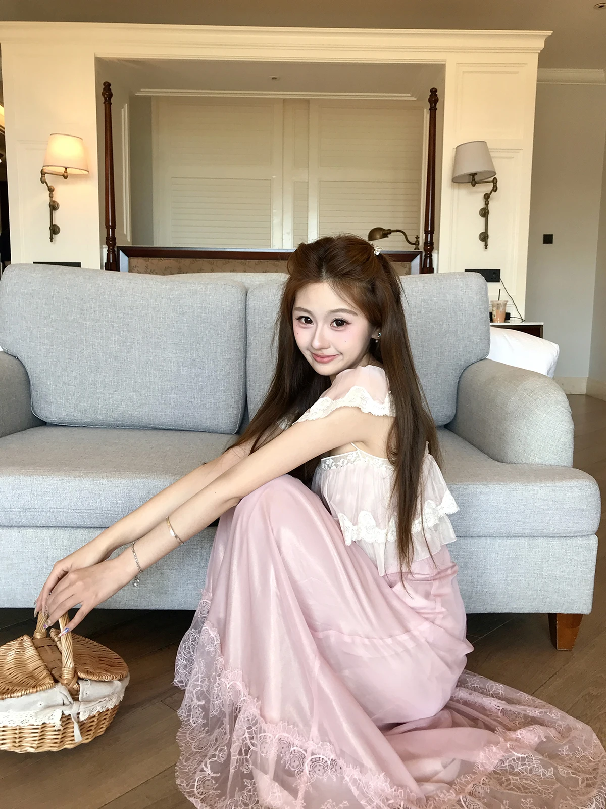 

Romantic Atmosphere Fairy Skirt Dress Pink Choe Holiday Gown Short Sleeve Princess Style H Version for Ladies Summer Tour