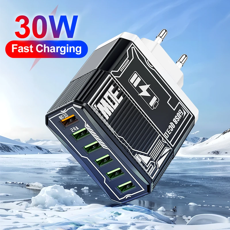 

6-in-1 30W Fast Charging Phone Charger USB Multi-port Charging Head Intelligent IC Solution Automatic Power-off Protection