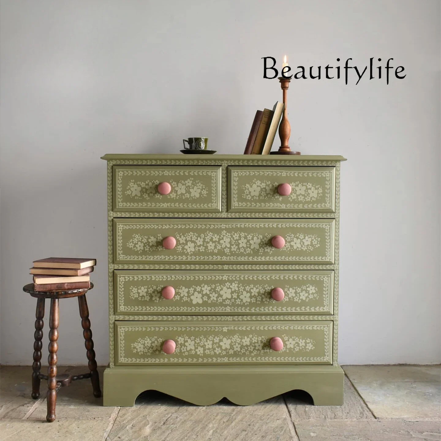 

French retro green solid wood five buckets American modern simple hand-painted simple locker furniture