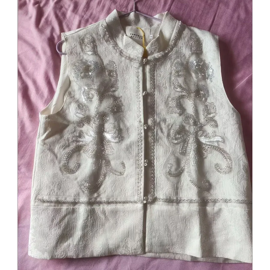 الراقية فام التطريز سترة أبلى الربيع الصيف النساء بلون صدرية معطف السيدات مسمار حبة بريق جاكيت بلا إكمام