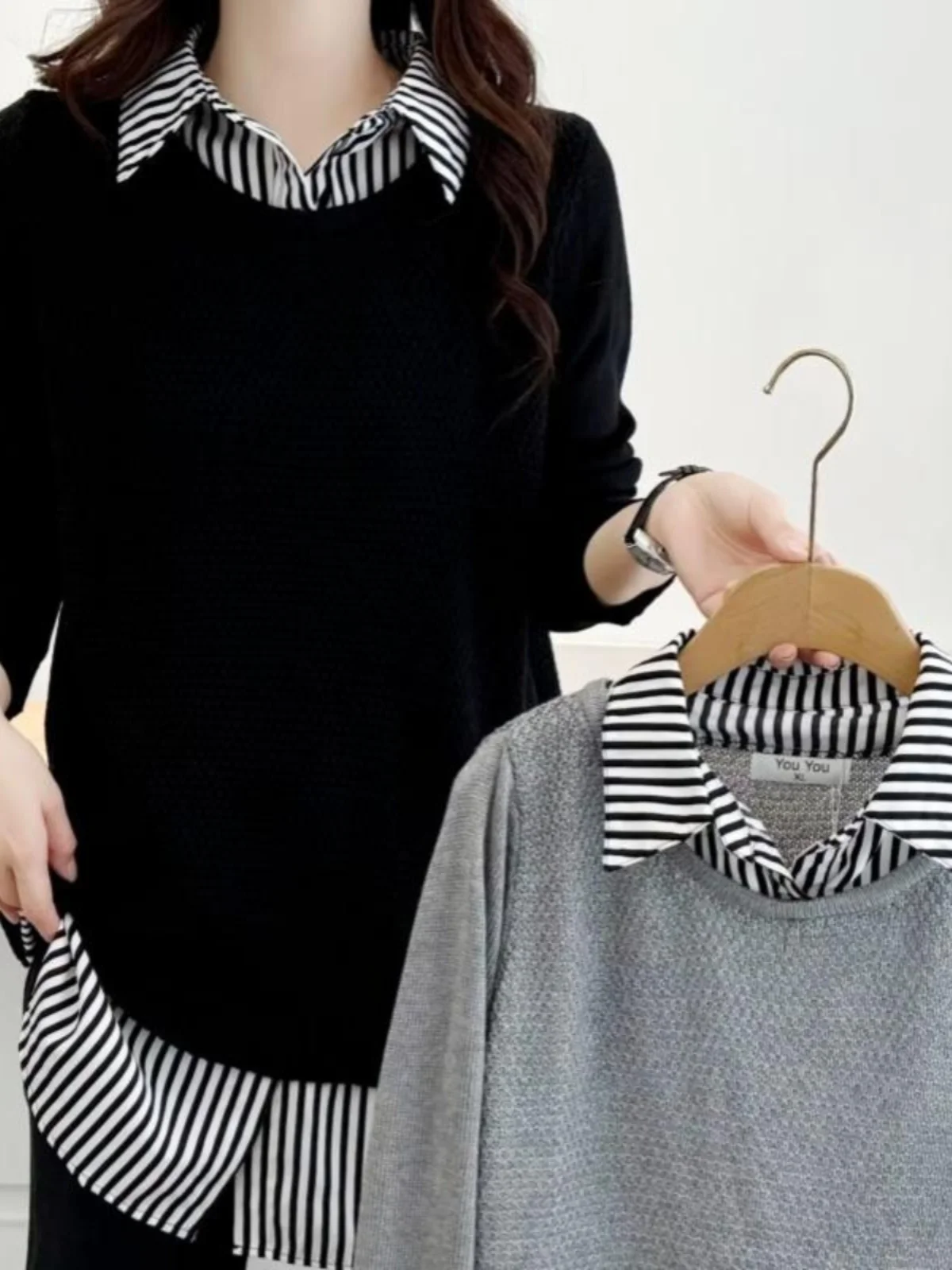 

plus Size Autumn Winter Women's Sweater Inner Shirt Collar Patchwork Striped Knitted Fake Two-Piece Loose Fit Long Sleeve
