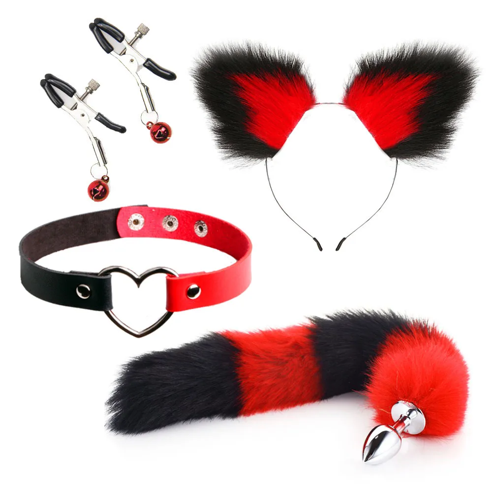 Anal Sex Toys Fox Tail Butt Plug Sexy Plush Cat Ear Headband with  Leather Necklace Set Massage Sex Toys Women Couples Cosplay