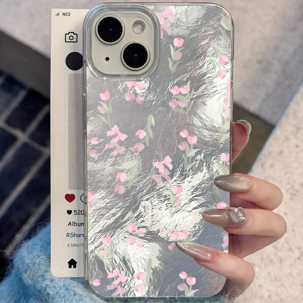 Coque de téléphone antichoc rigide à texture glacier motif tulipe rose pour iPhone 17 Pro Max 16 14 15 13 Pro Max 12 11 8 Plus XR X