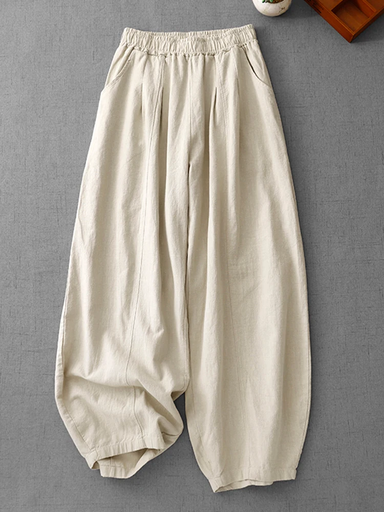 Spodnie lniano-bawełniane typu lantern dla kobiet, wiosna-jesień, japoński styl retro, proste, z elastyczną talią, wyszczuplające, codzienne, lniane, Hara...