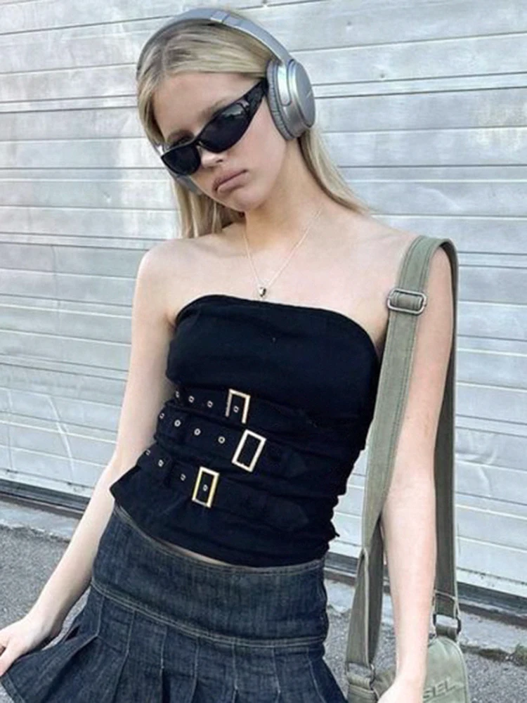 Rapcopter Y2K Băng Khóa Áo Top Đen Punk Grunge Crop Top Gothic Retro Dạo Phố Bộ Vest Nữ Thời Trang Đổ Mồ Hôi 90S