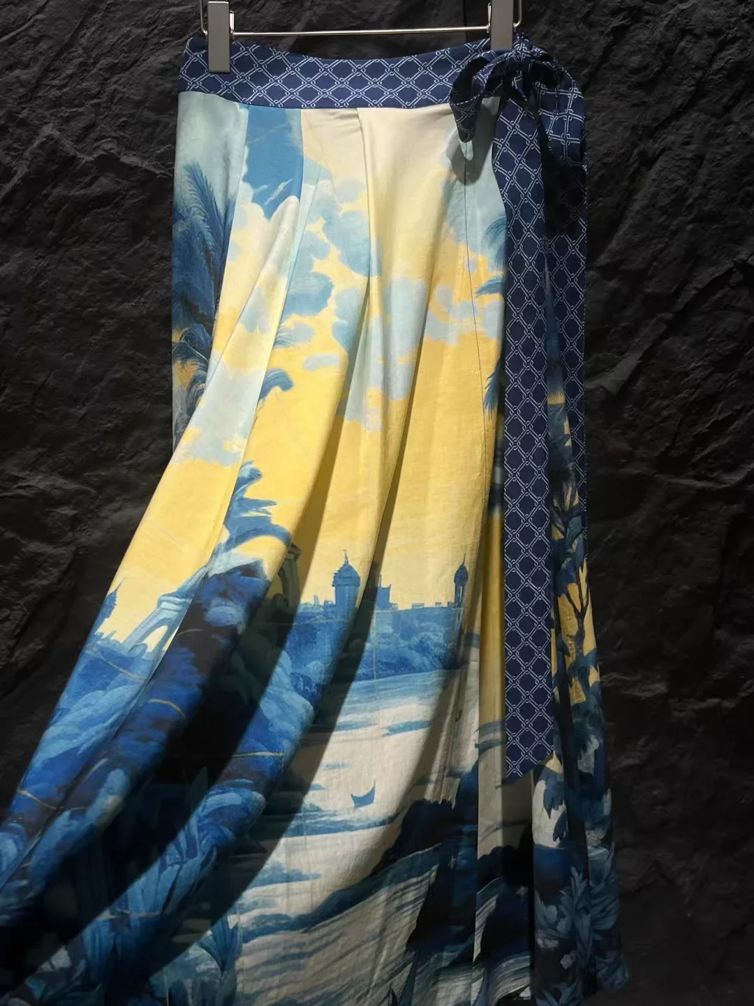 Długa spódnica damska w stylu retro z nadrukiem, z zakładaną talią, luźna, w kształcie litery A, modna spódnica