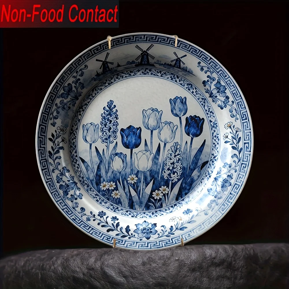 2D Flat, 1pc Extra Large Round Ceramic Plate - Elegant Blue & White Chinese-Inspired Table Decor with Dutch Windmill & Tulip