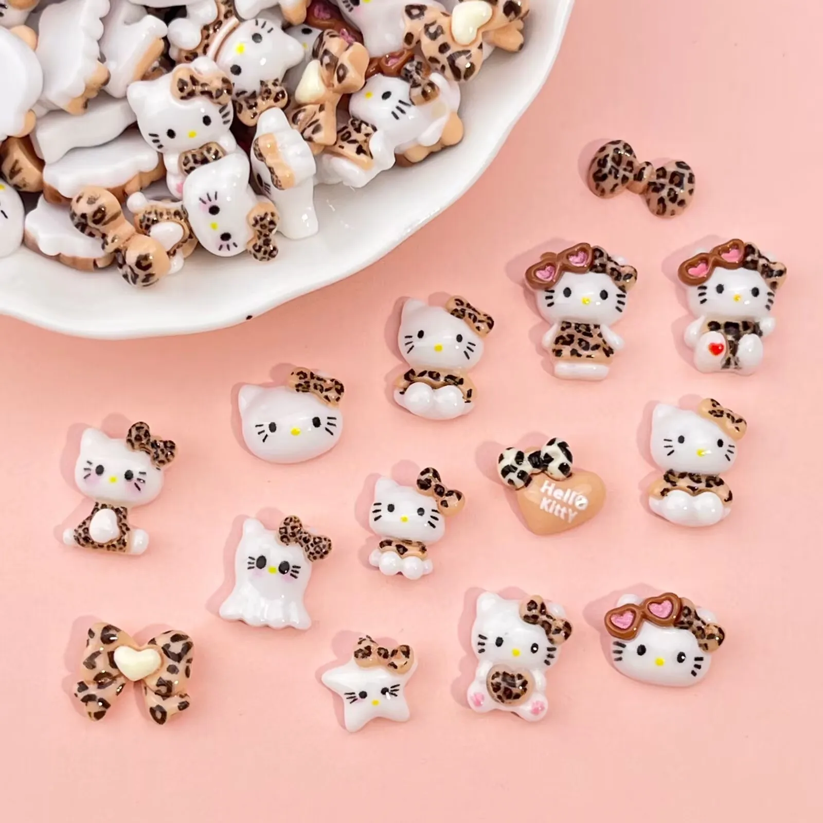 20pcs hello kitty leopard pattern acrylic nail charm Nail Art Decorations for Kawaii DIY Manicure