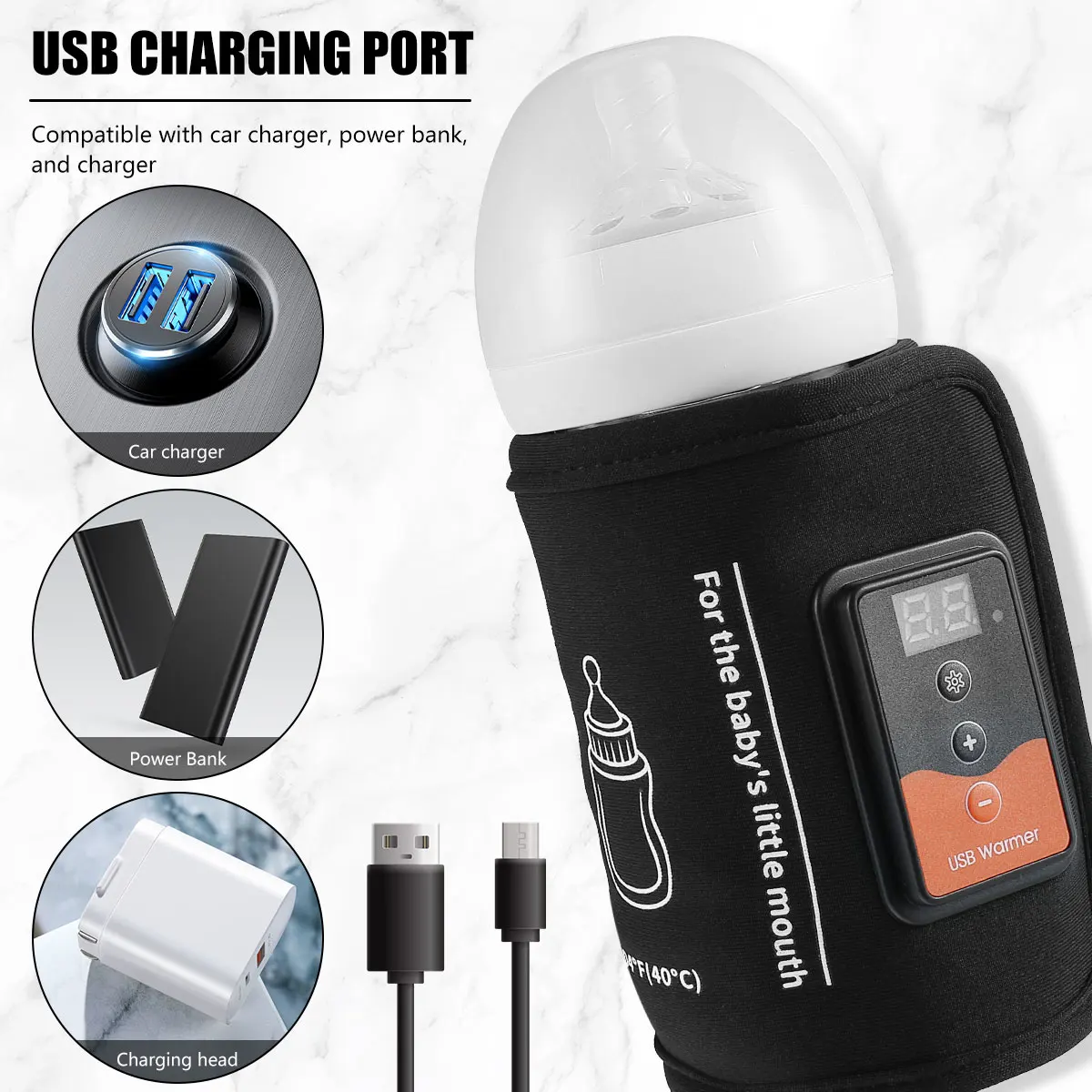 Baby Bottle Warmer USB Powered Feeding Bottle Heater with Adjustable Heating Temperature Portable Thermal Insulation Bag
