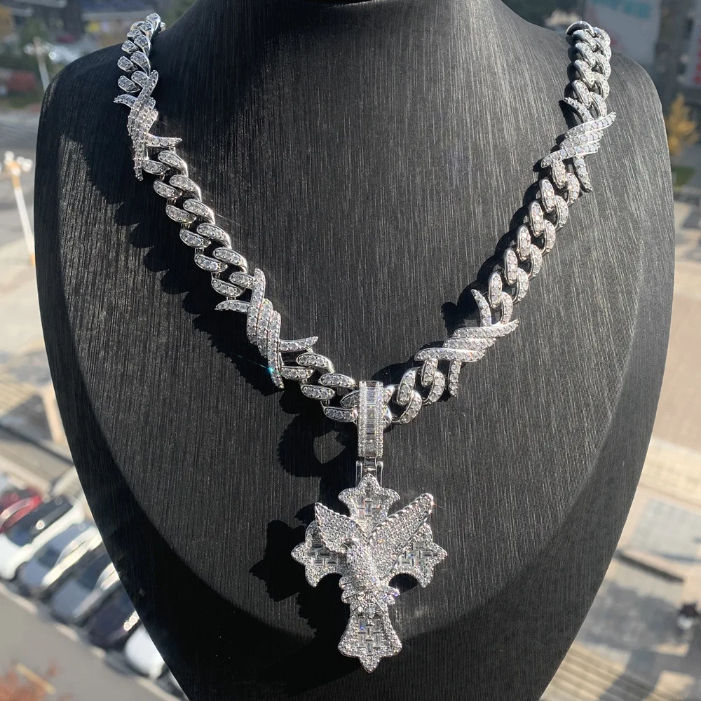 Hip hop New Product Pigeon Cross Zircon Pendant Thorn Cuban Chain Men's Set Jewelry Special