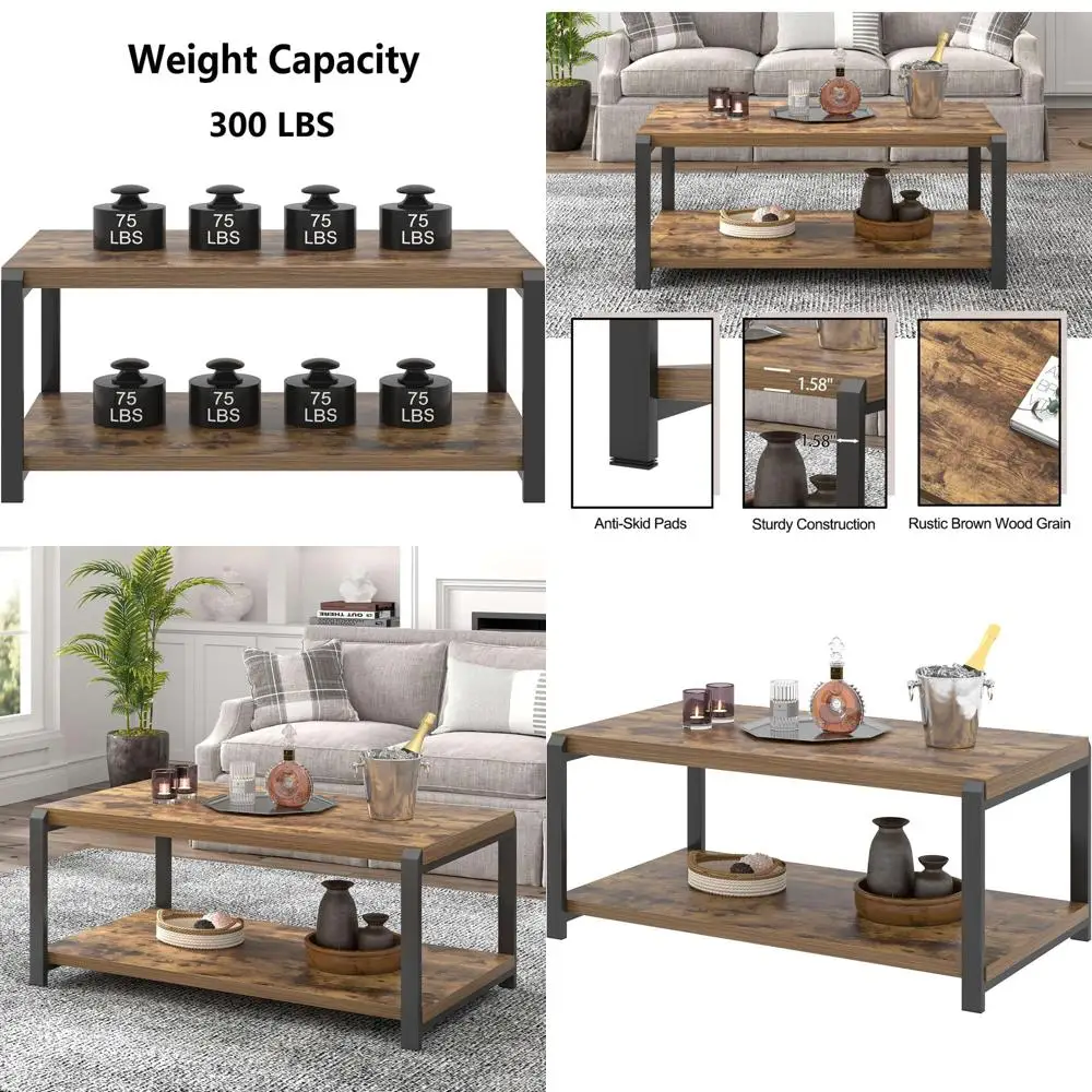 

Rustic Brown Industrial-Style Wood and Metal Center Table for Cocktail and Living Room Use