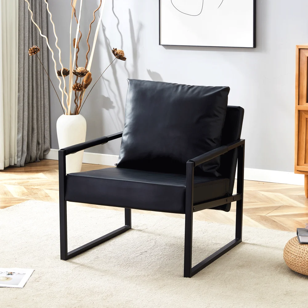 

A Set of One Classic Black PU Leather and Metal Frame Sofa Ergonomically Designed A Perfect Blend of Modern Industrial Styles