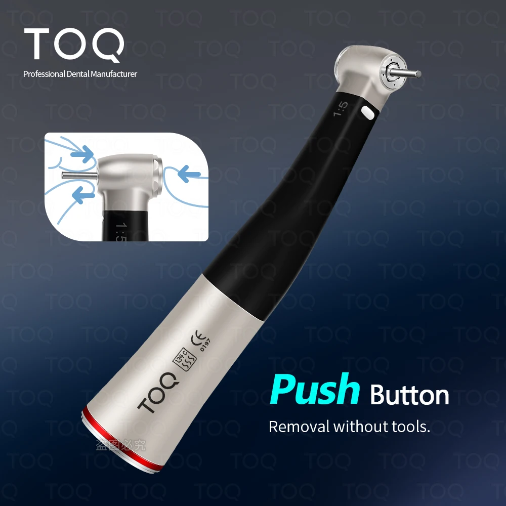 TOQ Dental 1:5 Fiber Optic LED Contra Angle Red Ring Handpiece Ceramic Bearing Internal 4 Way Spray Push Button Dentistry Tools