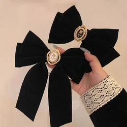 1pc New Black Velvet Bow Hair Pins Elegant Fabric Alloy Roses Hair Clips for Women Fashion Ponytail Accessories