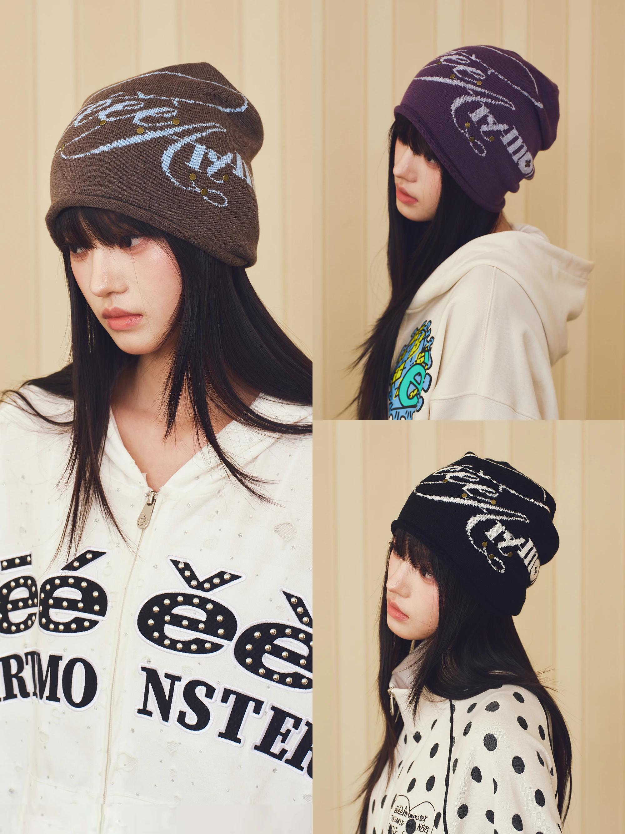 Eeearonster 'Flowing Light' Handwritten Letter Embroidered Knitted Hat Vintage Rivet Cuffed Cold Cap Unisex All Seasons